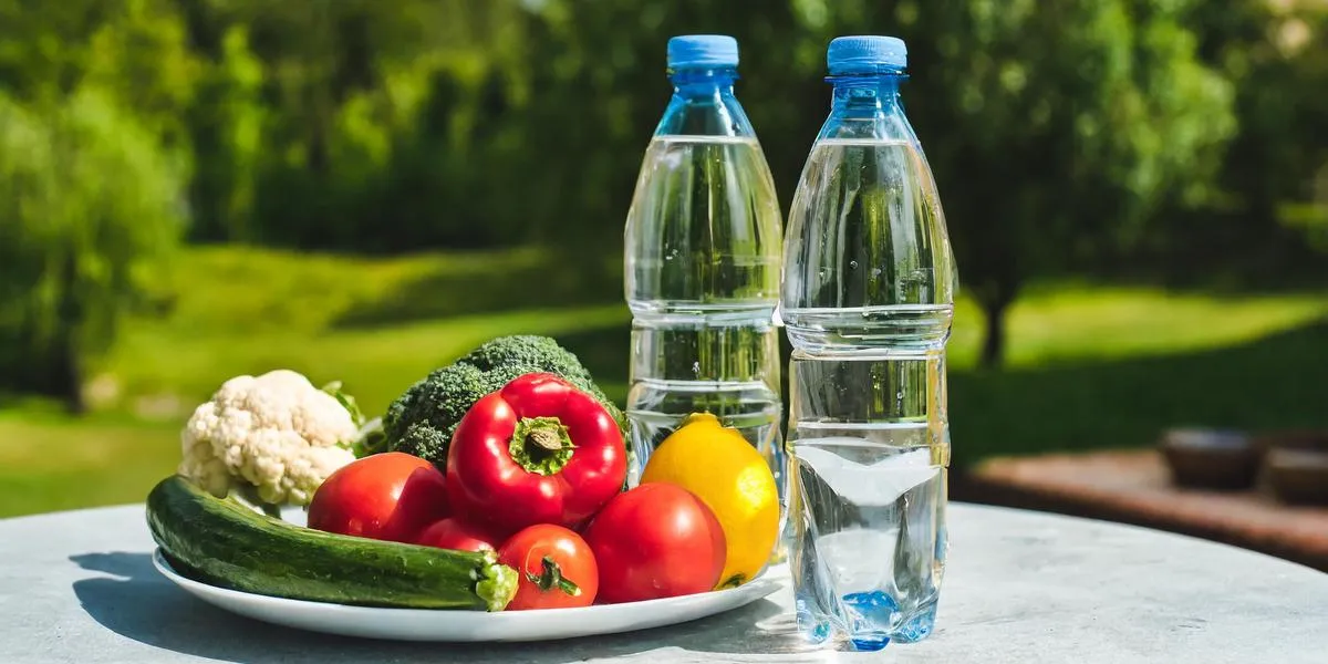 butelki wody, obok warzywa