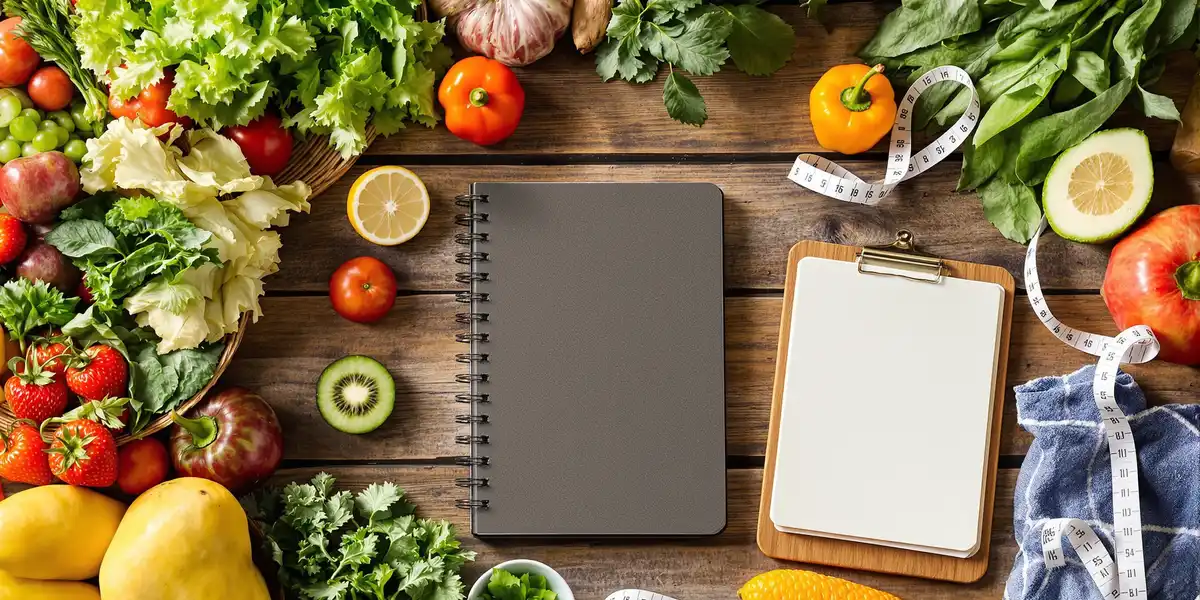 Warzywa, owoce, notes i centymetr krawiecki