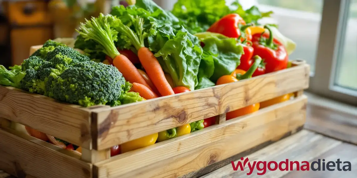 warzywa w drewnianej skrzynce zawierające sporą ilość błonnika