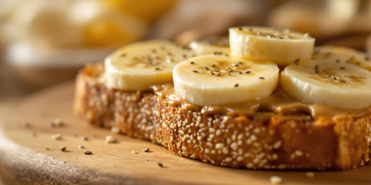 kromka chleba pełnoziarnistego z masłem orzechowym i bananem