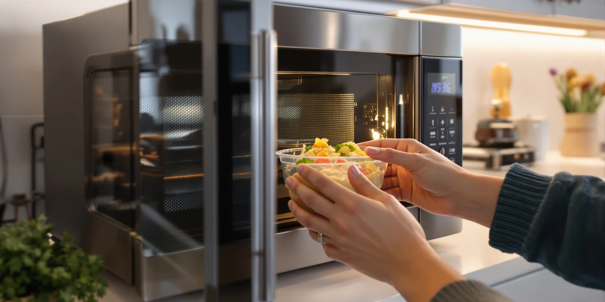 Wkładanie pojemnika z jedzeniem do mikrofalówki