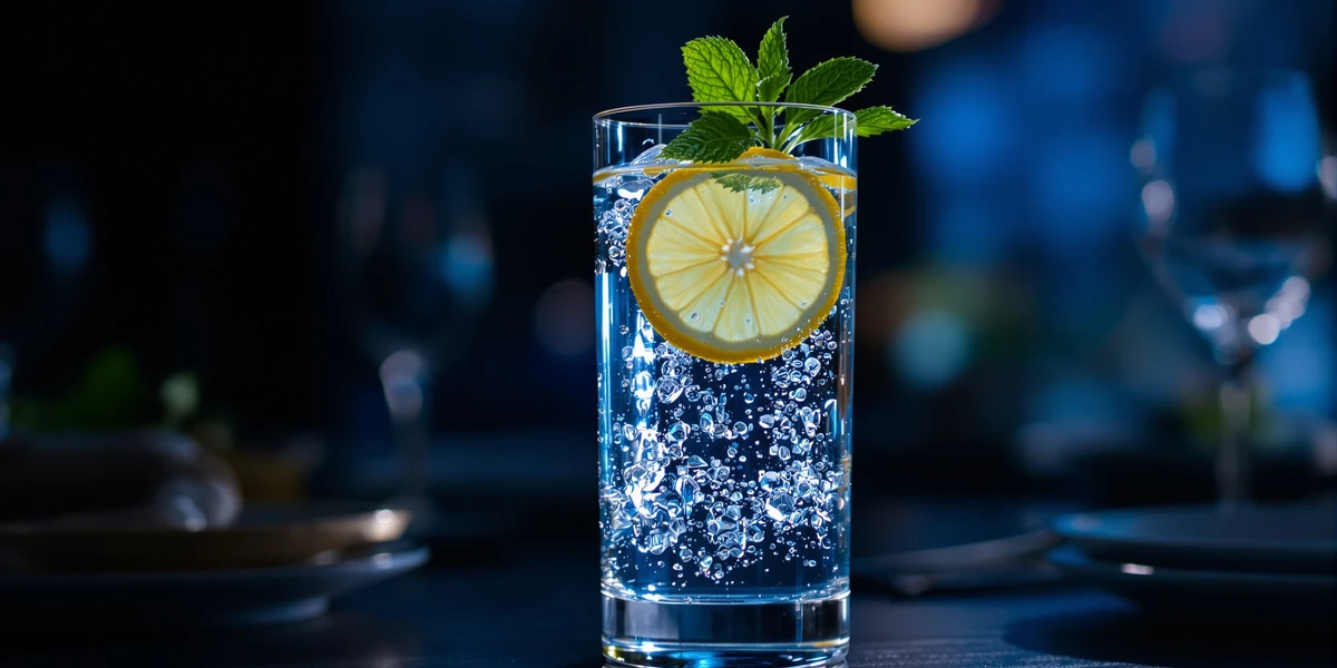 szklanka wody mineralnej z plasterkiem cytryny i miętą