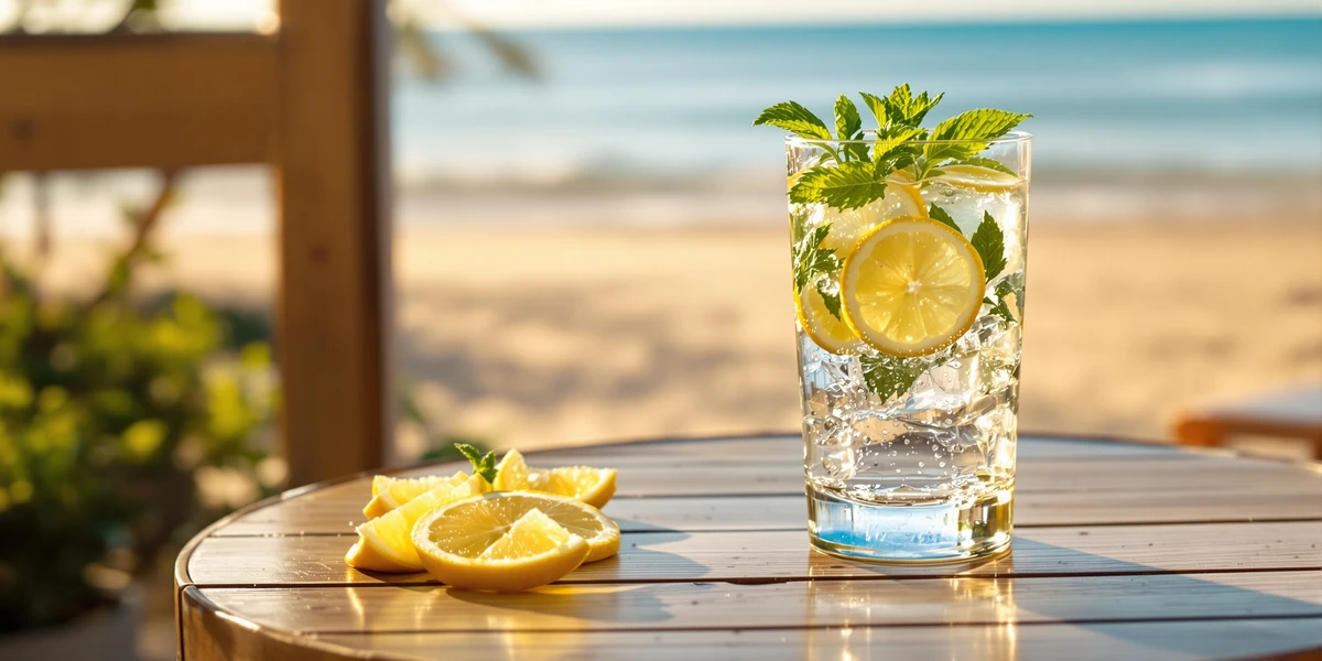 Woda z cytryną i miętą nad morzem