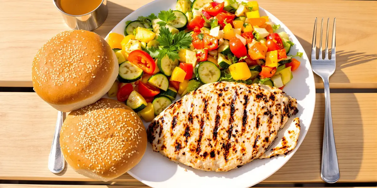 sałatka, zgrillowana pierś z kurczaka i bułki pszenne