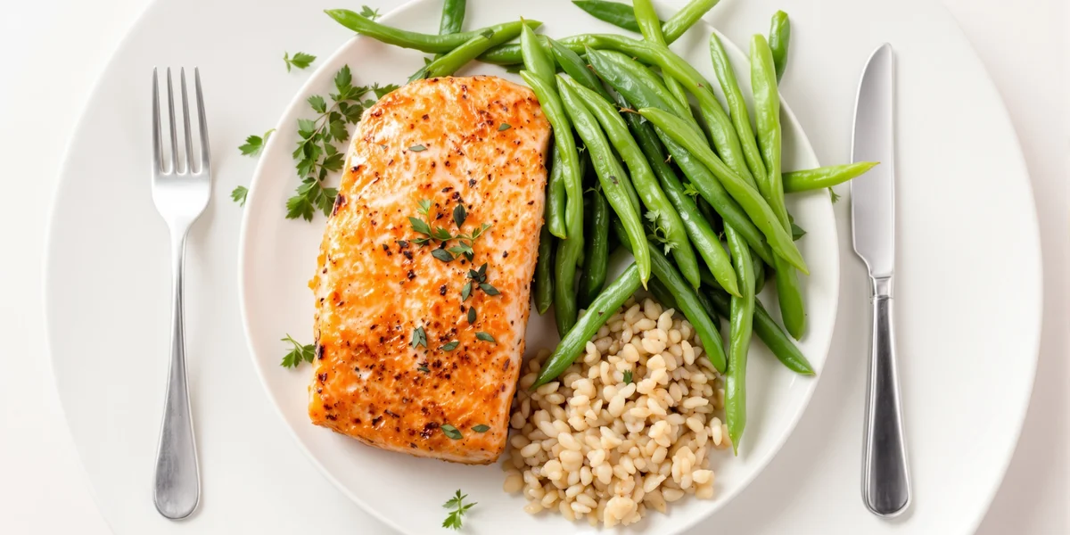 grillowany łosoś z kaszą pęczak i zieloną fasolką szparagową