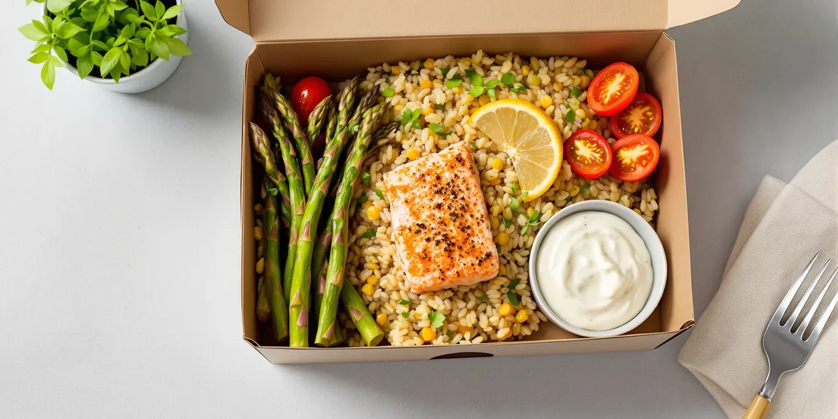 kasza pęczak z kukurydzą, łososiem i dipem czosnkowym na bazie jogurtu greckiego