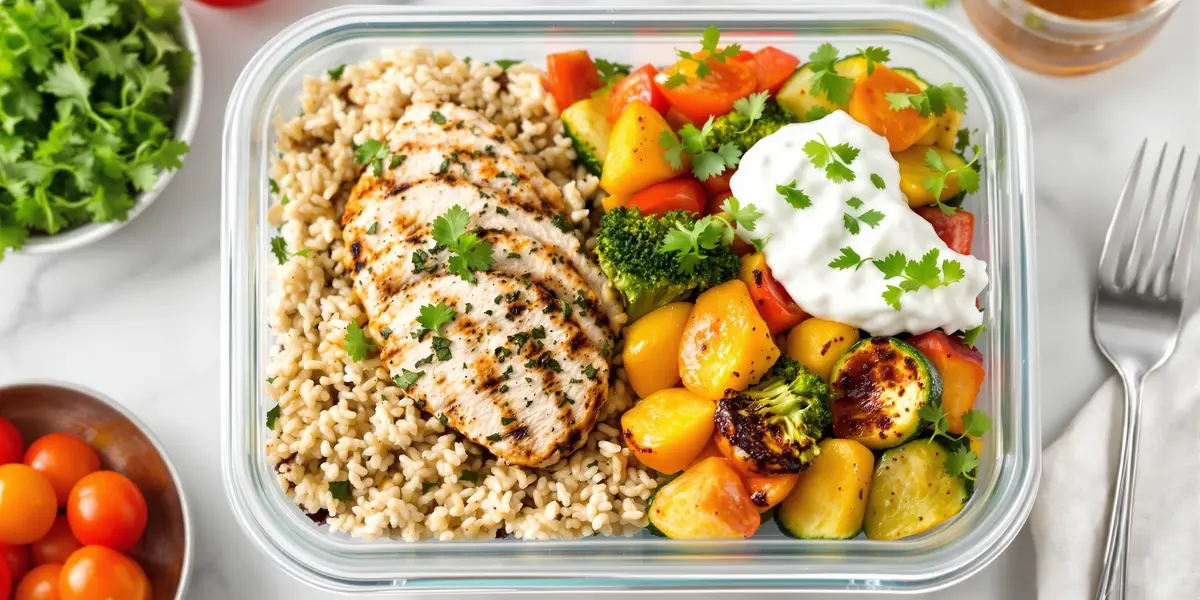 grillowany filet z kurczaka z kaszą jęczmienną oraz grillowanymi warzywami i jogurtem w lunch boxie