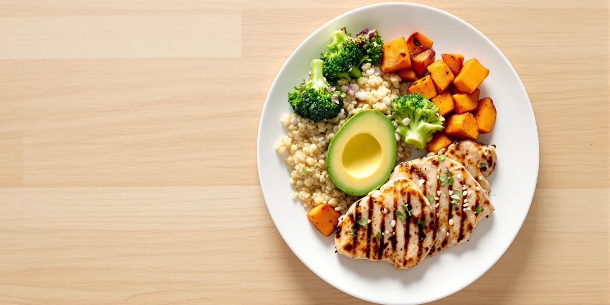 grillowany filet z kurczaka, kasza pęczak, brokuły, bataty i połówka awokado