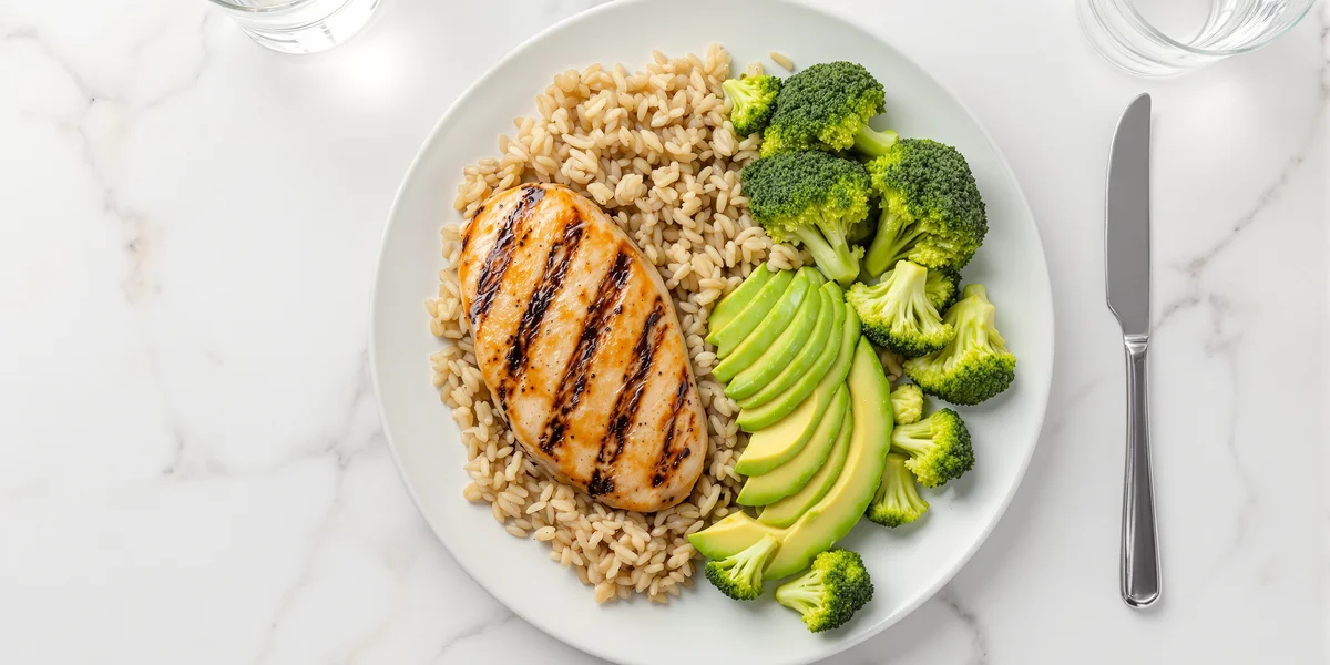 ryż, filet z piersi kurczaka upieczony na grillu, brokuły i awokado