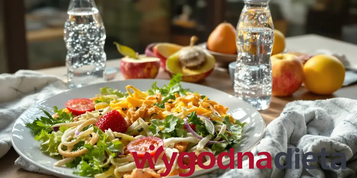 talerz z sałatką i dwie butelki wody