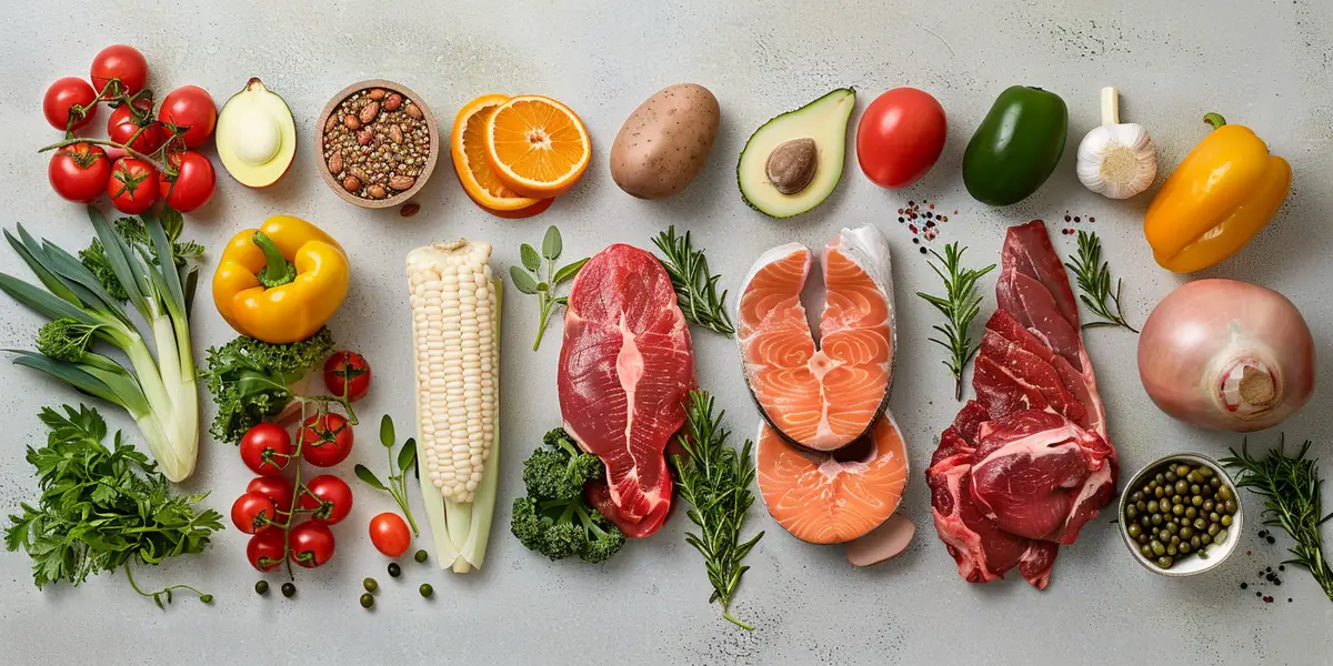 Mięsa, warzywa, owoce i przyprawy na szarym tle
