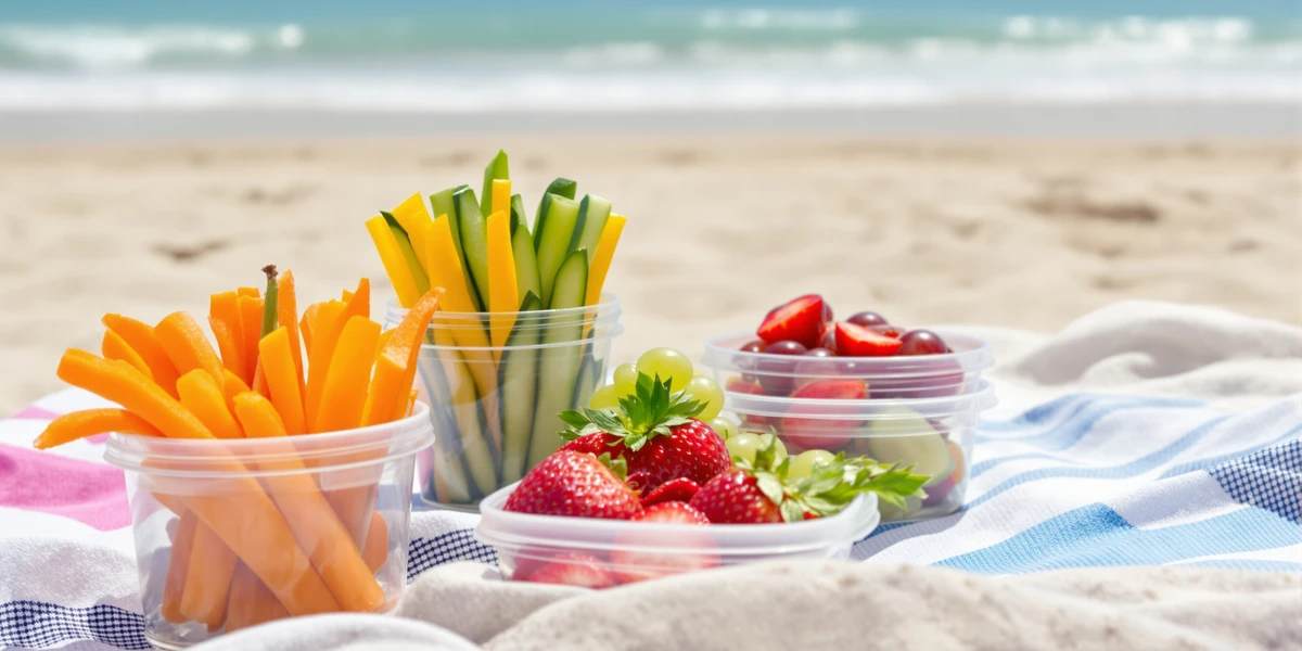 Zdrowe przekąski na plaży w pojemnikach