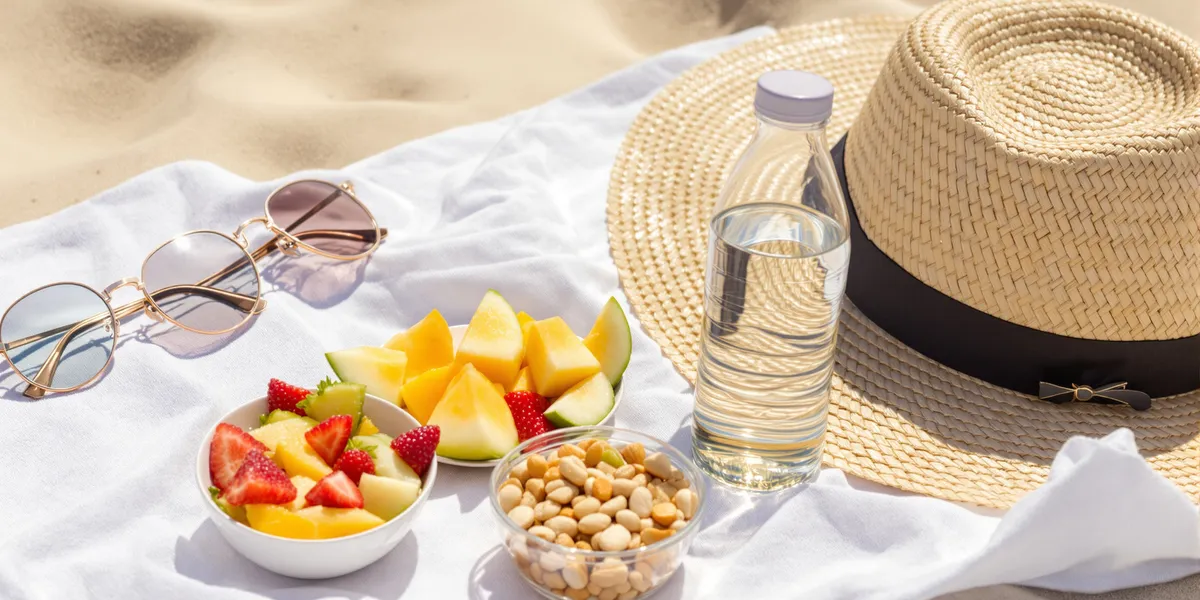 Zdrowe przekąski na plaży z wodą