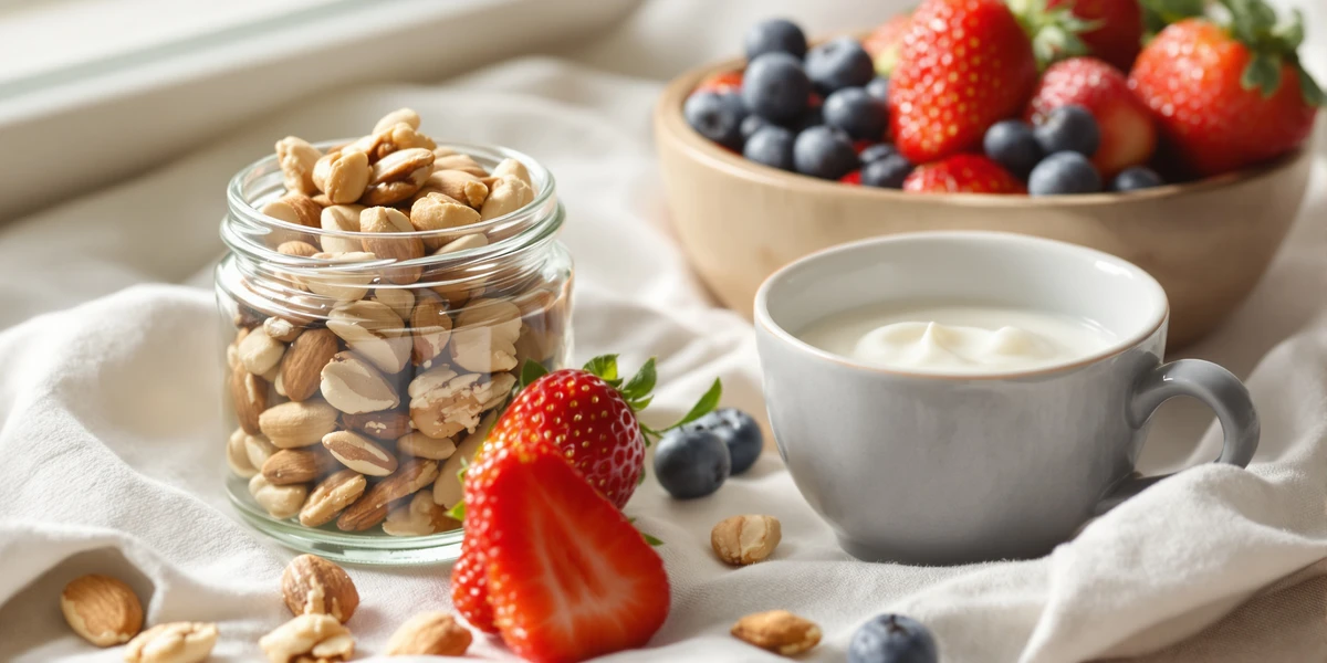 Zdrowe przekąski, owoce, orzechy, jogurt