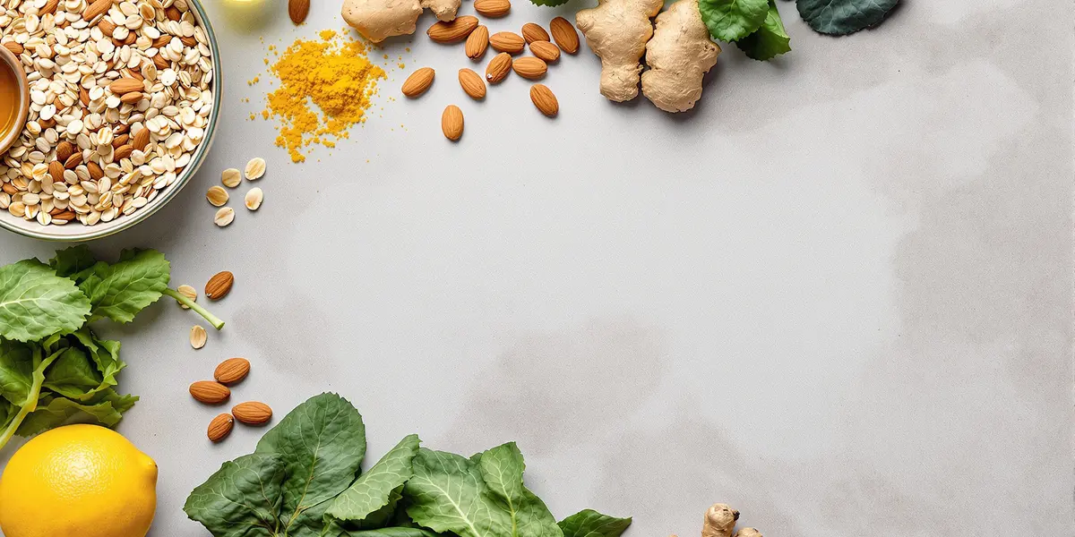 płatki owsiane, migdały, kurkuma, szpinak, imbir, cytryna