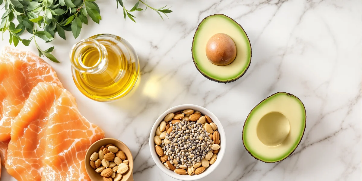 awokado, oliwa z oliwek, łosoś i orzechy
