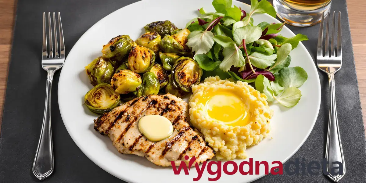 grilllowany filet z kurczaka, brukselka pieczona w piekarniku i puree ziemniaczane
