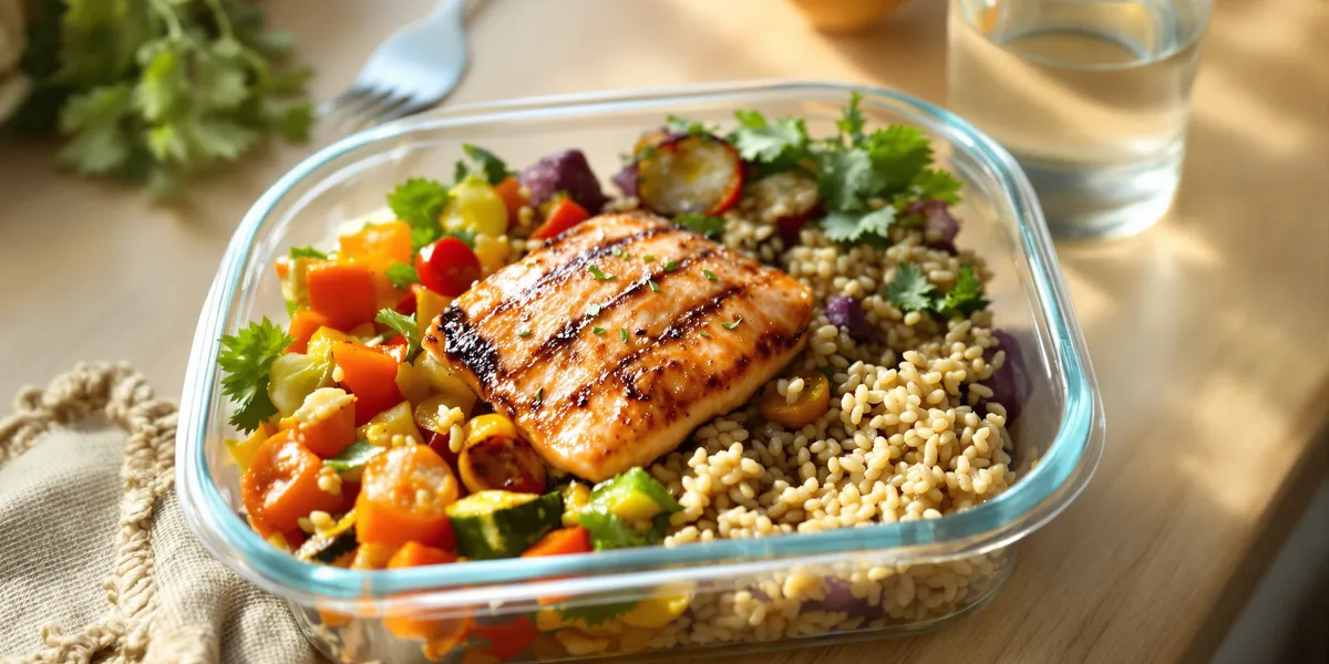 zdrowy posiłek z kaszą i kurczakiem w szklanym lunch boxie