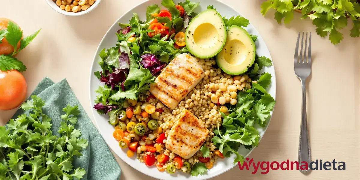 talerz z grillowanym kurczakiem, kaszą i sałatką z pomidorkami koktajlowymi