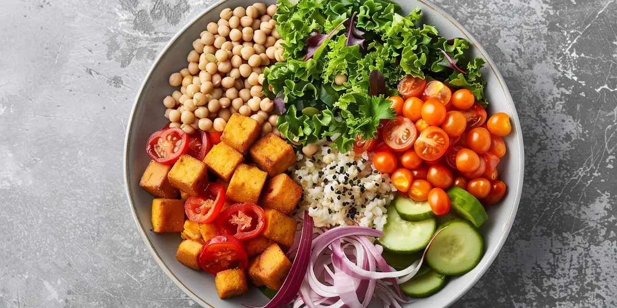 Zdrowy posiłek z tofu, warzywami i ryżem
