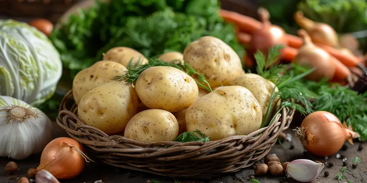 Ziemniaki w koszyku otoczone innymi warzywami