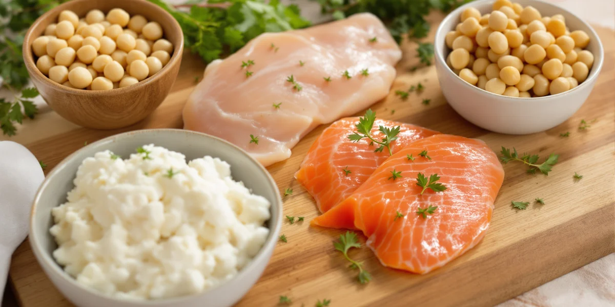 źródła białka na drewnianej desce