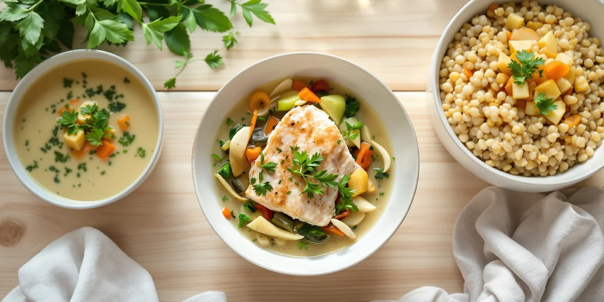 Zupa z kawałkiem ugotowanej ryby, z warzywami i kaszą jaglaną