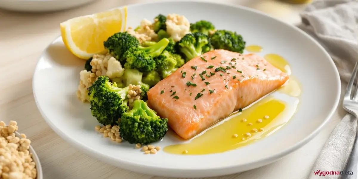 łosoś na parze z brokułami i kaszą gryczaną