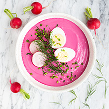 afternoon snack in a pesco-vegetarian box diet - beetroot cold soup with egg, radish and dill