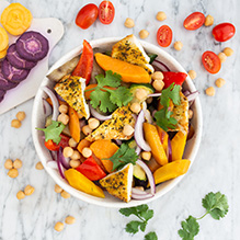 dinner in a no-fish box diet - Tagine with chicken, chickpeas, peppers, zucchini and eggplant in curry sauce