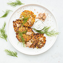 supper in a low GI box diet - zucchini pancakes with red onion, tuna and dill dip
