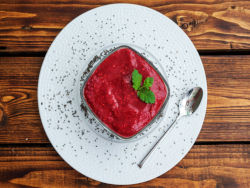 Vanilla pudding with chia and raspberry mousse, diet food delivered to your door