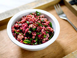 Healthy salad with bulgur, smoked chicken, kale and roasted beetroot from wygodnadieta company